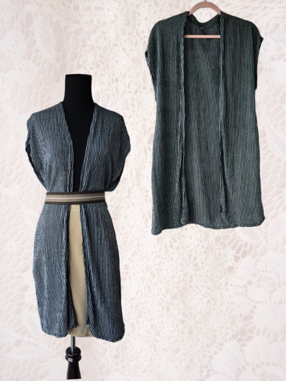 Black & Grey Pinstripe Sleeveless Midi-length Kimono Contemporary